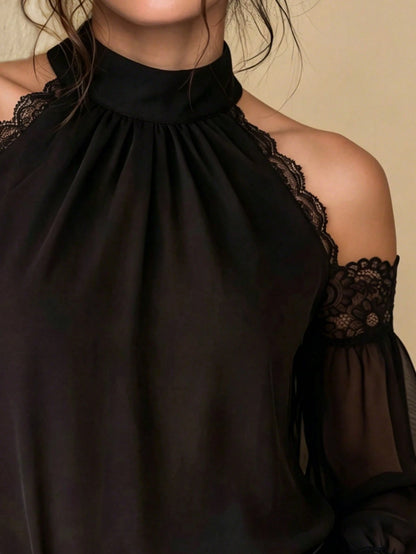 Women's Halter Neck Cold Shoulder Long Sleeve Blouse Black