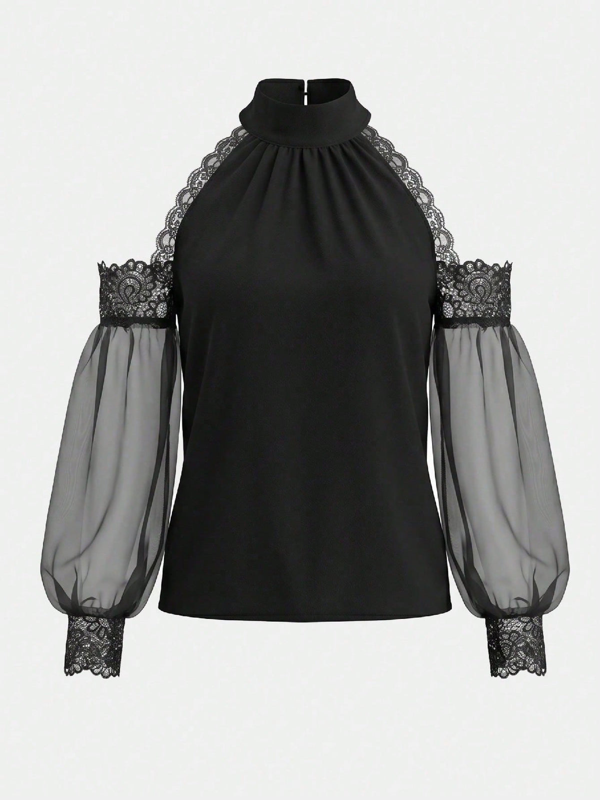 Women's Halter Neck Cold Shoulder Long Sleeve Blouse Black