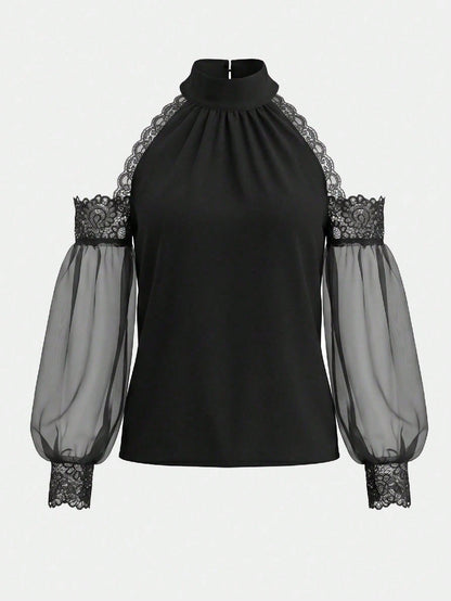 Women's Halter Neck Cold Shoulder Long Sleeve Blouse Black