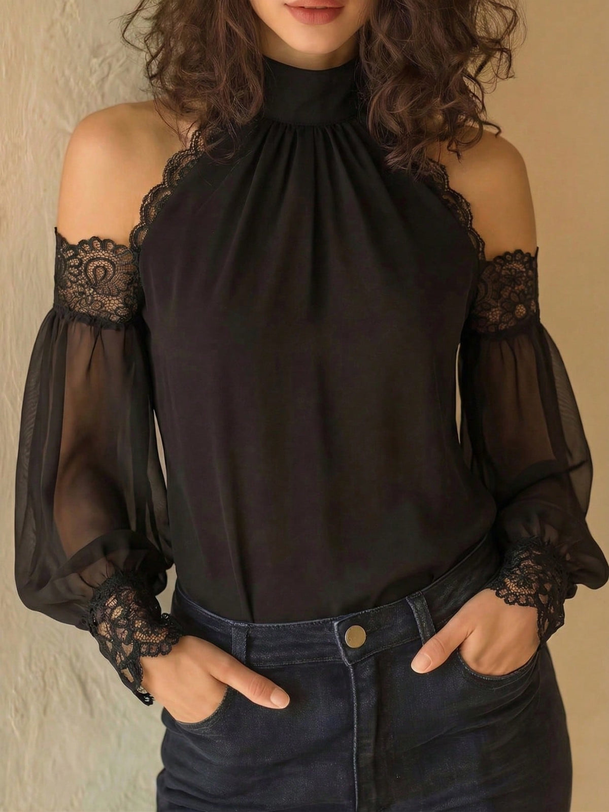 Women's Halter Neck Cold Shoulder Long Sleeve Blouse Black