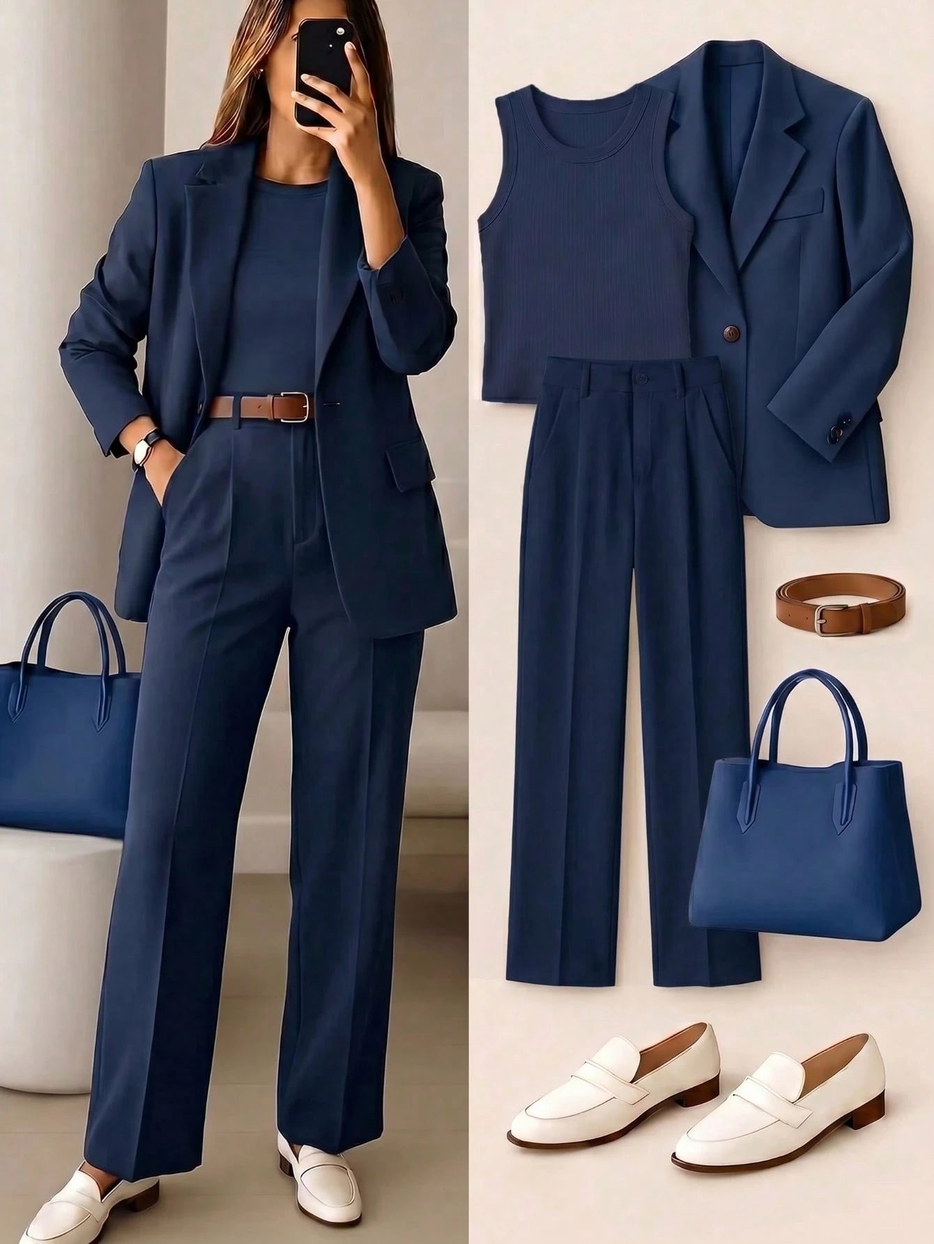 Women's High Waist Navy Blue Long Pants, Simple Fashionable Commuter Y2K Style, Comfortable Slim Fit Versatile (Accessories Not Included), Office Siren