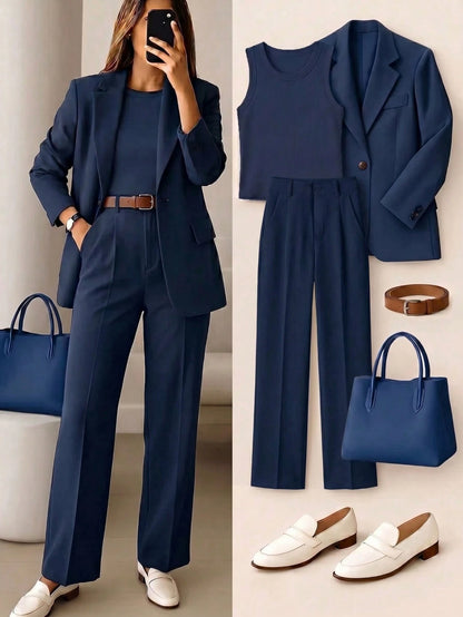 Women's High Waist Navy Blue Long Pants, Simple Fashionable Commuter Y2K Style, Comfortable Slim Fit Versatile (Accessories Not Included), Office Siren