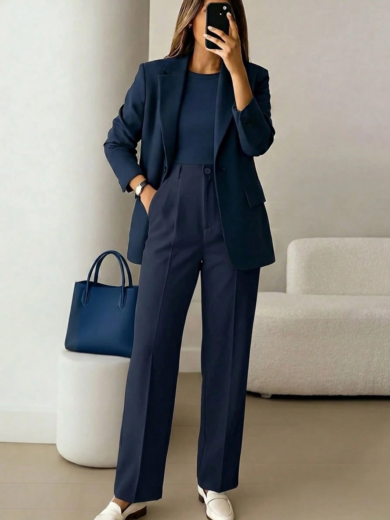 Women's High Waist Navy Blue Long Pants, Simple Fashionable Commuter Y2K Style, Comfortable Slim Fit Versatile (Accessories Not Included), Office Siren
