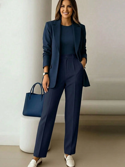 Women's High Waist Navy Blue Long Pants, Simple Fashionable Commuter Y2K Style, Comfortable Slim Fit Versatile (Accessories Not Included), Office Siren