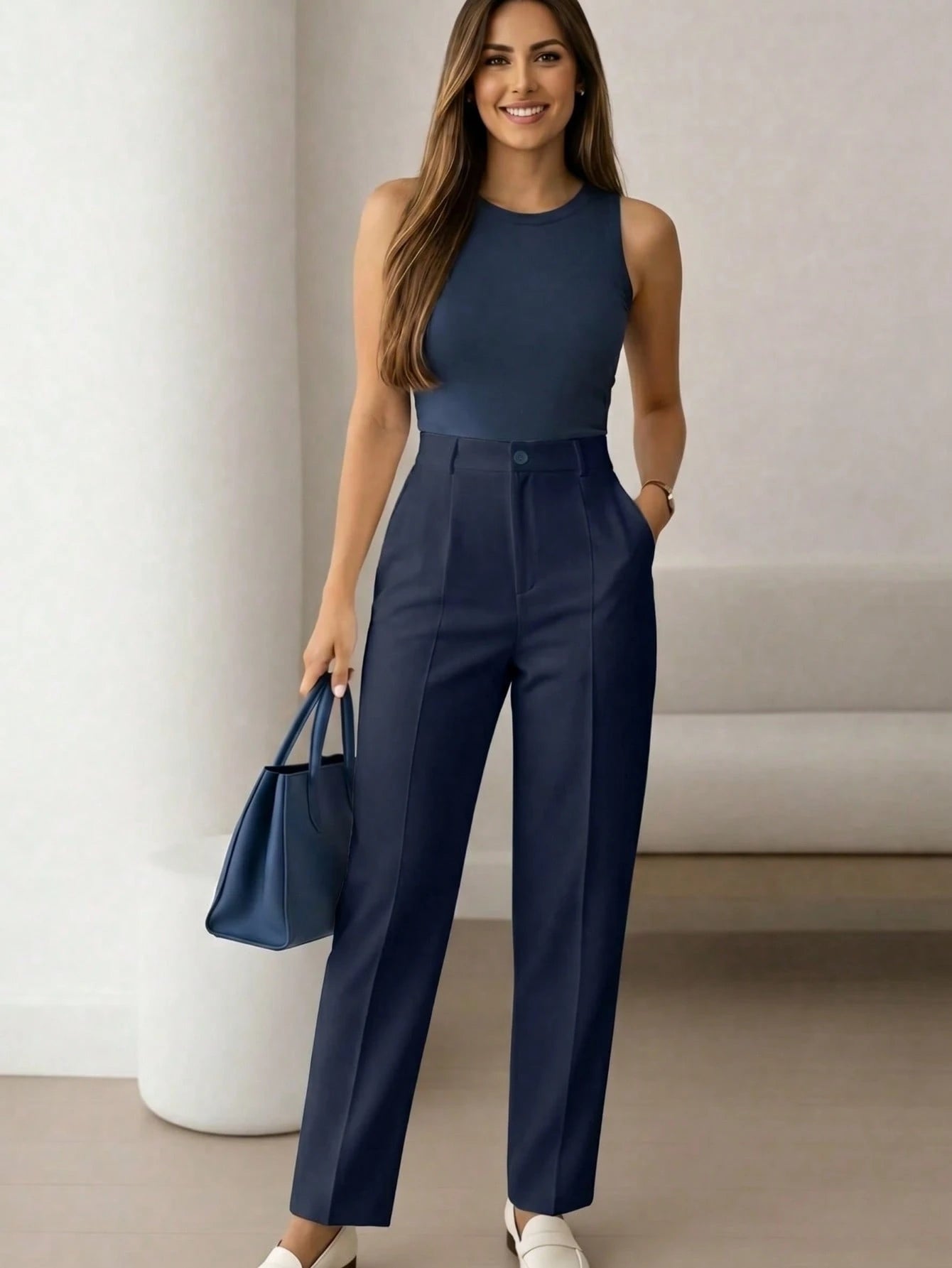 Women's High Waist Navy Blue Long Pants, Simple Fashionable Commuter Y2K Style, Comfortable Slim Fit Versatile (Accessories Not Included), Office Siren