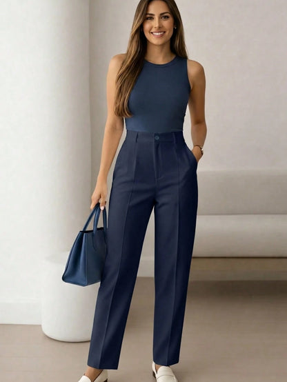 Women's High Waist Navy Blue Long Pants, Simple Fashionable Commuter Y2K Style, Comfortable Slim Fit Versatile (Accessories Not Included), Office Siren