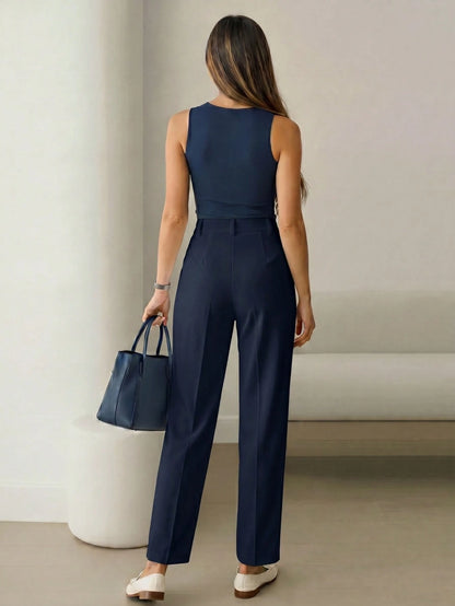 Women's High Waist Navy Blue Long Pants, Simple Fashionable Commuter Y2K Style, Comfortable Slim Fit Versatile (Accessories Not Included), Office Siren