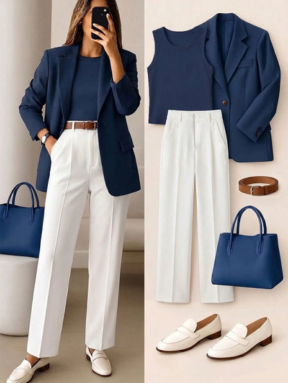 Women's High Waist Navy Blue Long Pants, Simple Fashionable Commuter Y2K Style, Comfortable Slim Fit Versatile (Accessories Not Included), Office Siren