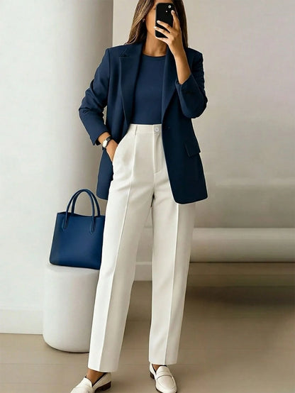 Women's High Waist Navy Blue Long Pants, Simple Fashionable Commuter Y2K Style, Comfortable Slim Fit Versatile (Accessories Not Included), Office Siren