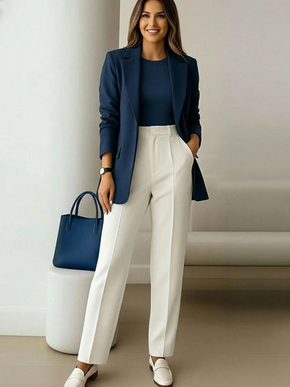Women's High Waist Navy Blue Long Pants, Simple Fashionable Commuter Y2K Style, Comfortable Slim Fit Versatile (Accessories Not Included), Office Siren