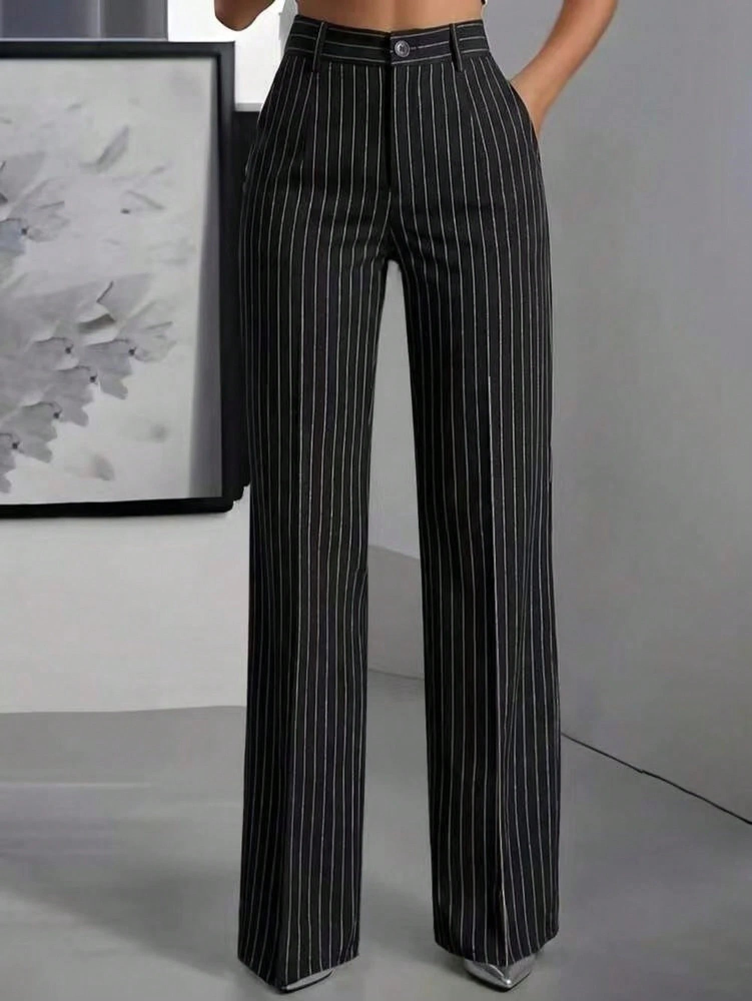 Women's High Waist Pinstripe Wide Leg Pants, Formal Office Style, Tailored Straight Leg Fit, Workwear & Evening Events, Red & White Stripe Pattern