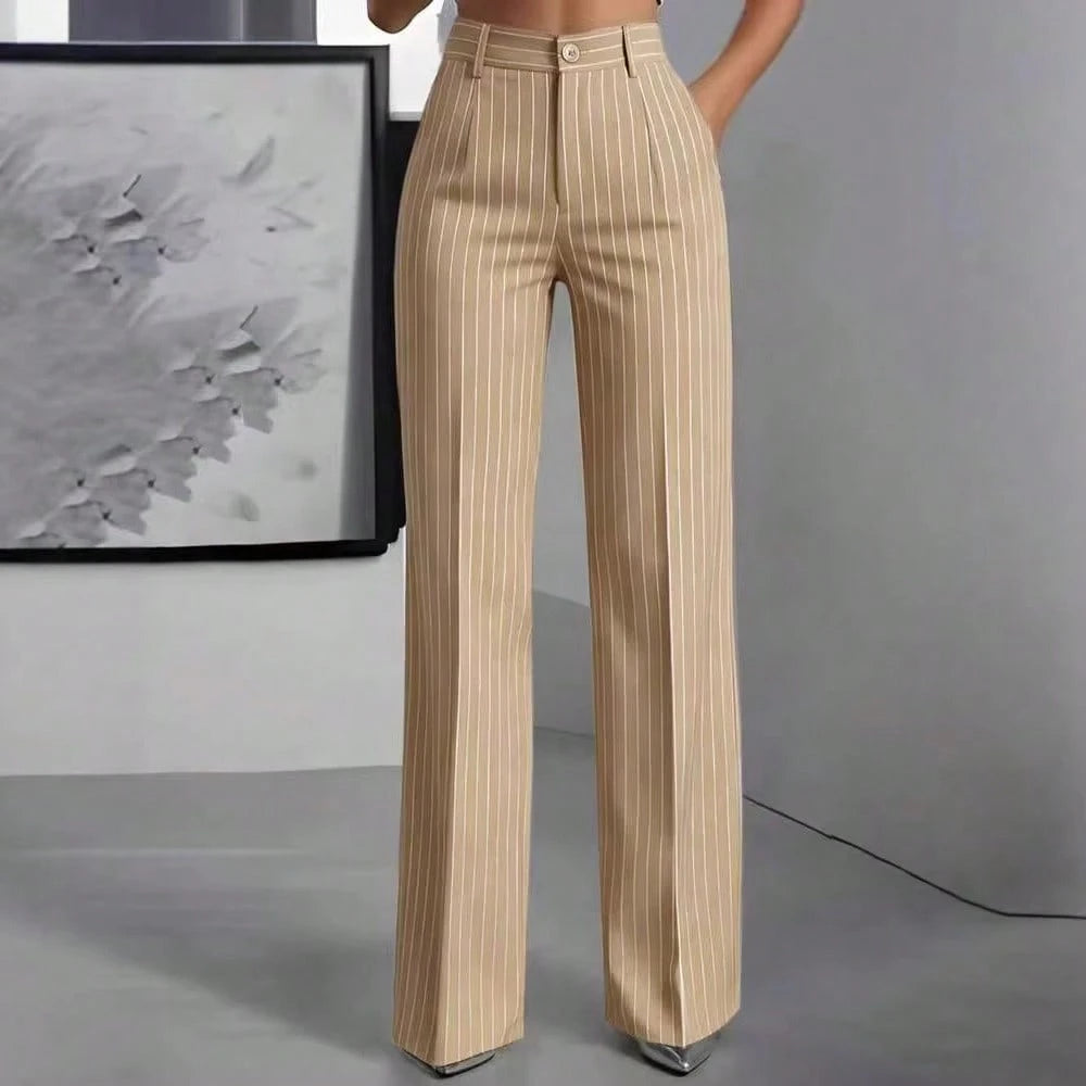 Women's High Waist Pinstripe Wide Leg Pants, Formal Office Style, Tailored Straight Leg Fit, Workwear & Evening Events, Red & White Stripe Pattern
