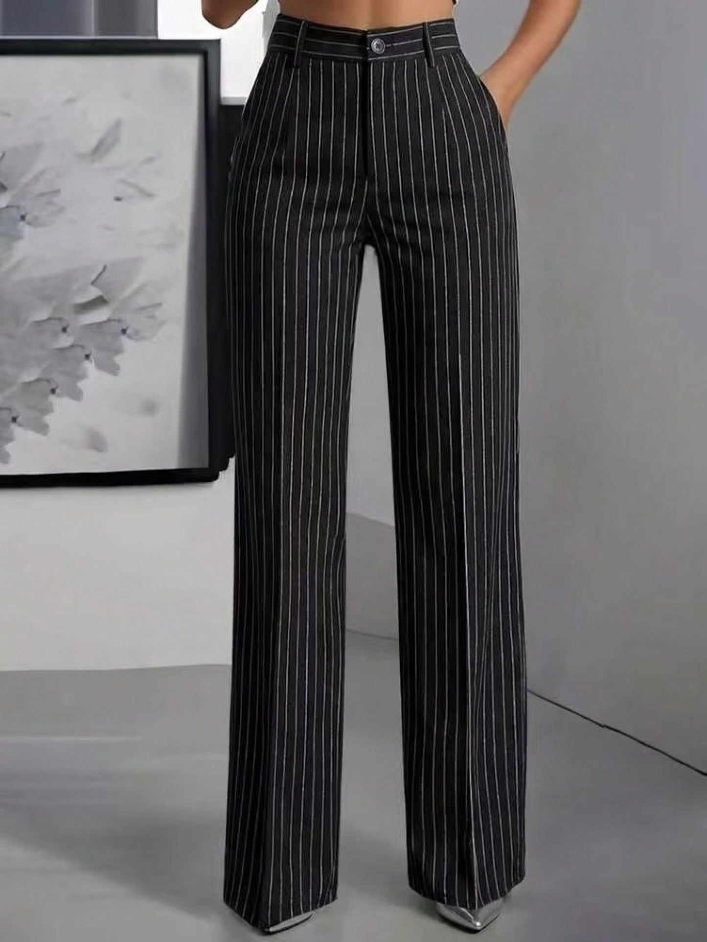 Women's High Waist Pinstripe Wide Leg Pants, Formal Office Style, Tailored Straight Leg Fit, Workwear & Evening Events, Red & White Stripe Pattern