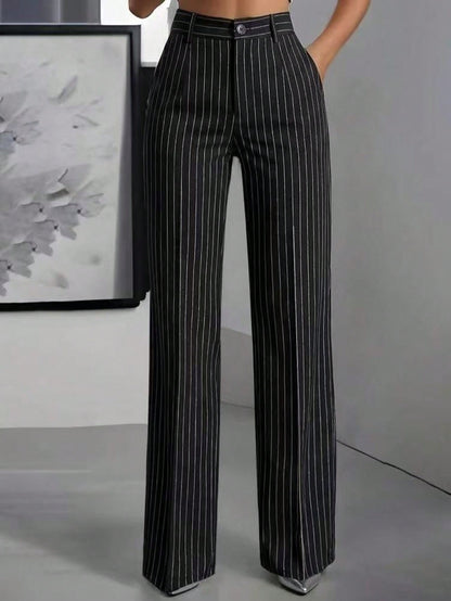 Women's High Waist Pinstripe Wide Leg Pants, Formal Office Style, Tailored Straight Leg Fit, Workwear & Evening Events, Red & White Stripe Pattern