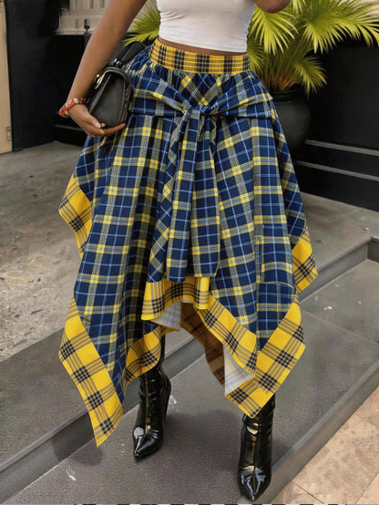 Women's High-Waisted Loose Tie Plaid Skirt, Blue And Yellow Color-Block Plaid, Summer Luxury Decadent Style, Preppy Style