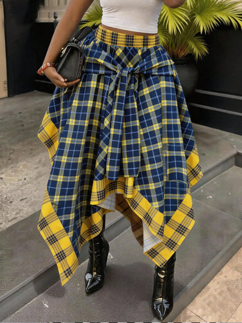 Women's High-Waisted Loose Tie Plaid Skirt, Blue And Yellow Color-Block Plaid, Summer Luxury Decadent Style, Preppy Style