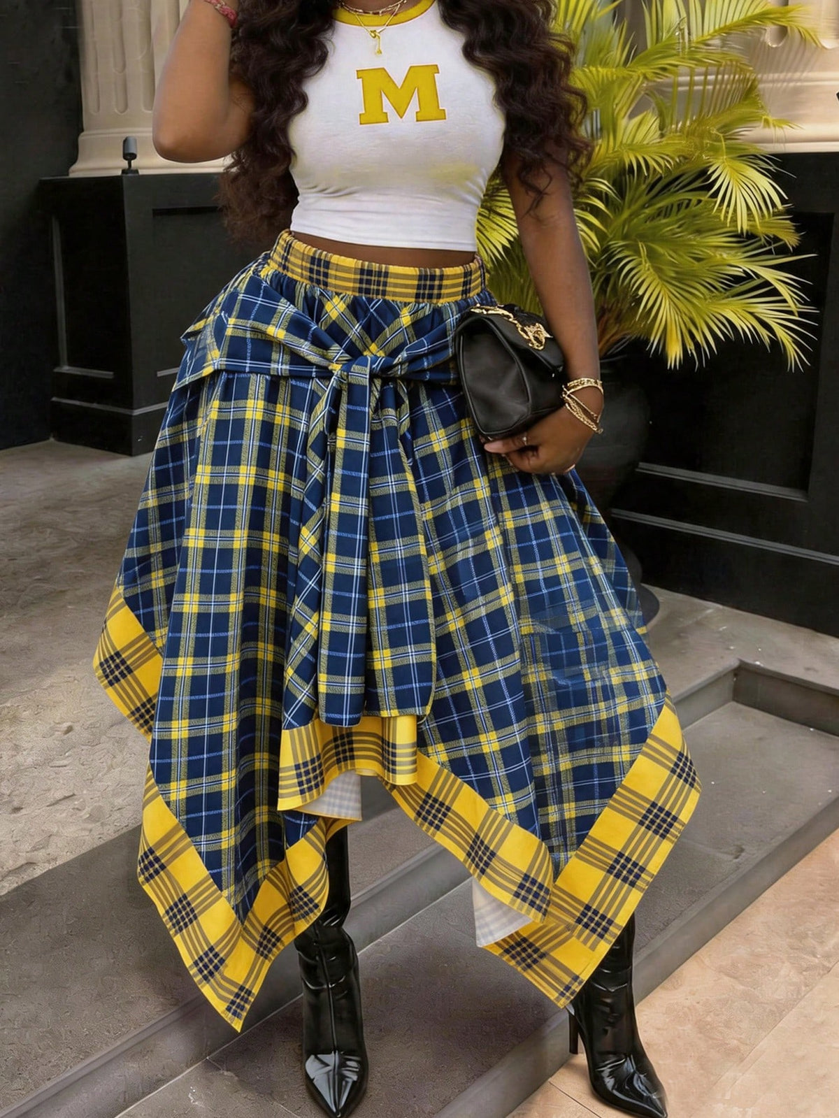 Women's High-Waisted Loose Tie Plaid Skirt, Blue And Yellow Color-Block Plaid, Summer Luxury Decadent Style, Preppy Style