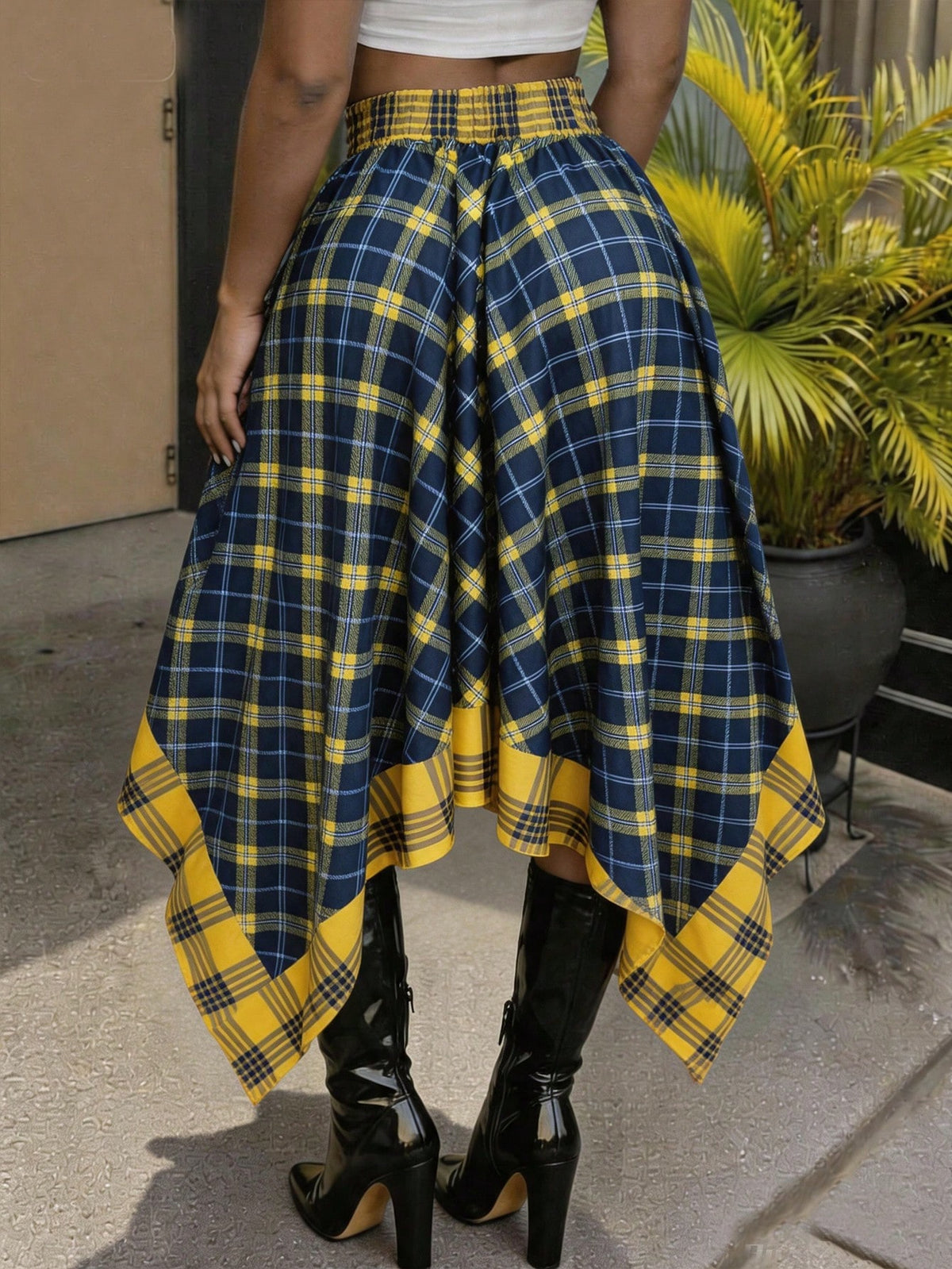 Women's High-Waisted Loose Tie Plaid Skirt, Blue And Yellow Color-Block Plaid, Summer Luxury Decadent Style, Preppy Style