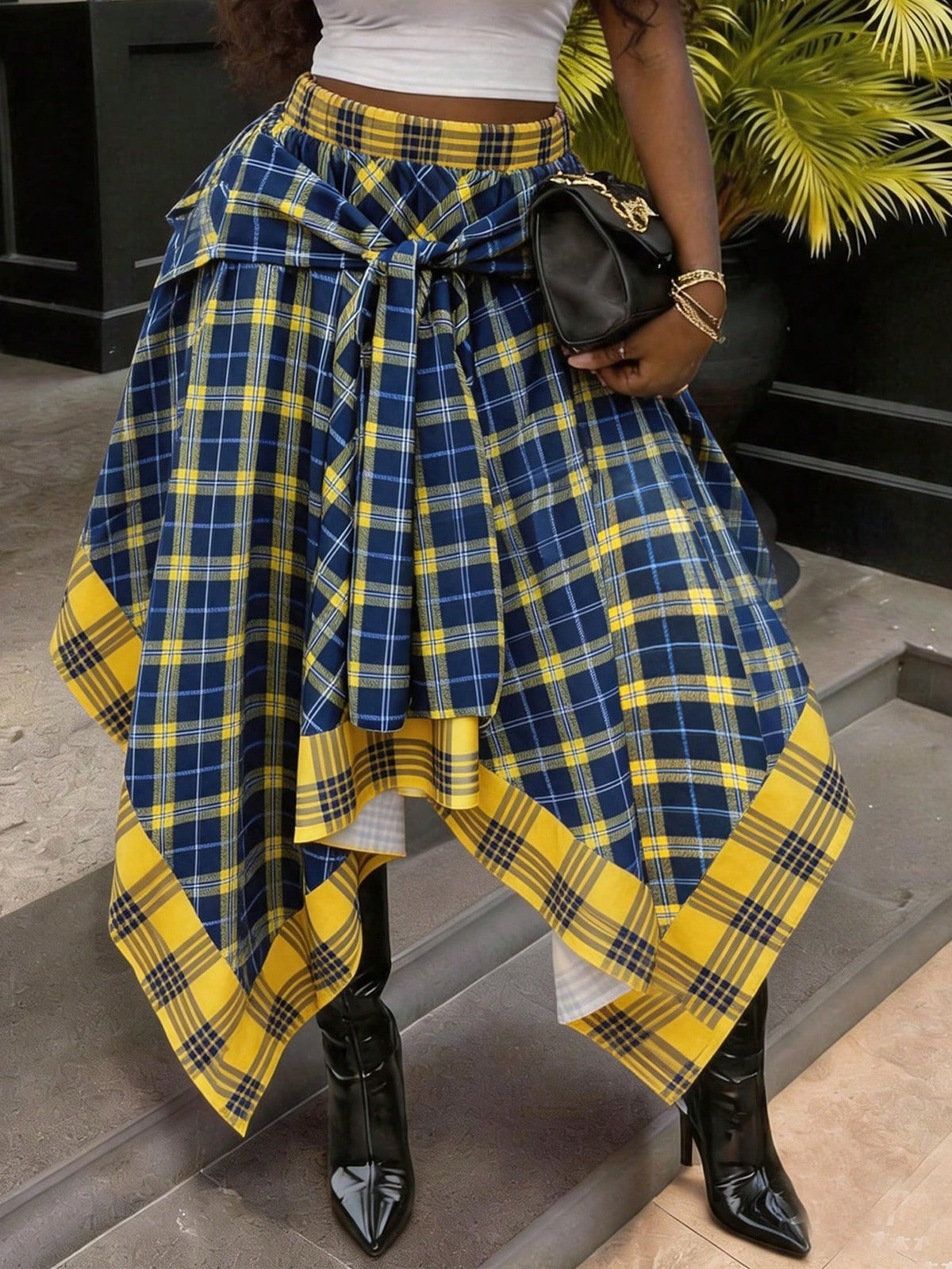 Women's High-Waisted Loose Tie Plaid Skirt, Blue And Yellow Color-Block Plaid, Summer Luxury Decadent Style, Preppy Style