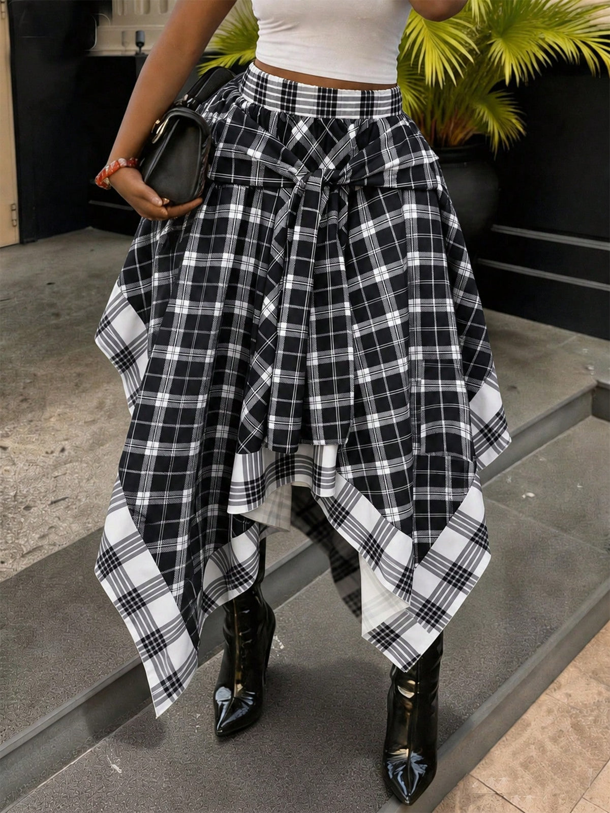 Women's High-Waisted Loose Tie Plaid Skirt, Blue And Yellow Color-Block Plaid, Summer Luxury Decadent Style, Preppy Style