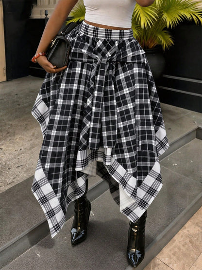 Women's High-Waisted Loose Tie Plaid Skirt, Blue And Yellow Color-Block Plaid, Summer Luxury Decadent Style, Preppy Style