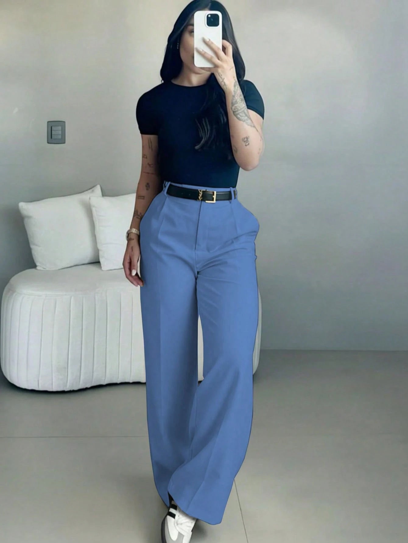 Women's High-Waisted Slim Fit Wide Leg Pants In Ice Blue, Bohemian Street Style, Perfect For Spring/Summer Casual Or Office Wear (Belt Not Included)