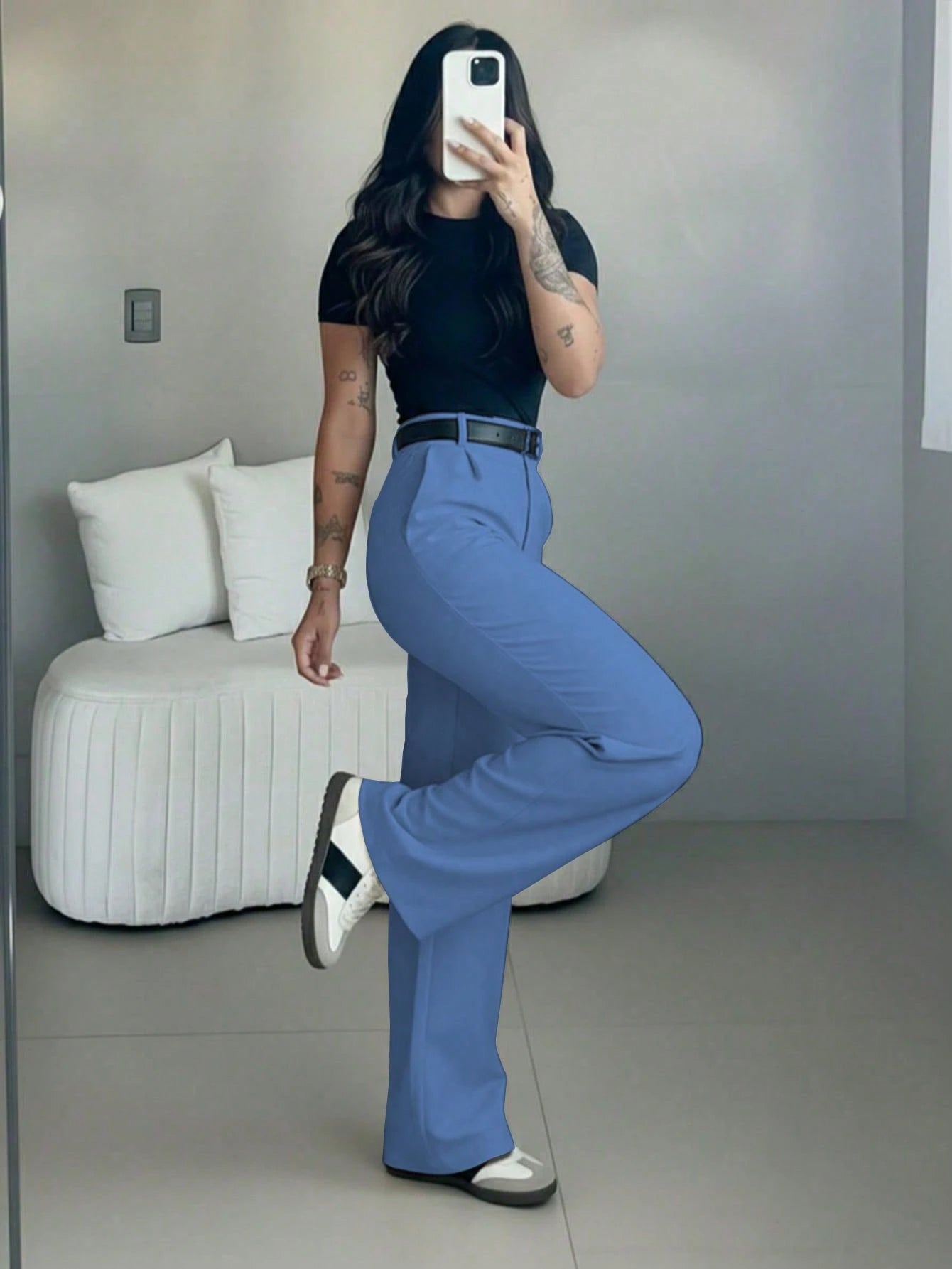 Women's High-Waisted Slim Fit Wide Leg Pants In Ice Blue, Bohemian Street Style, Perfect For Spring/Summer Casual Or Office Wear (Belt Not Included)