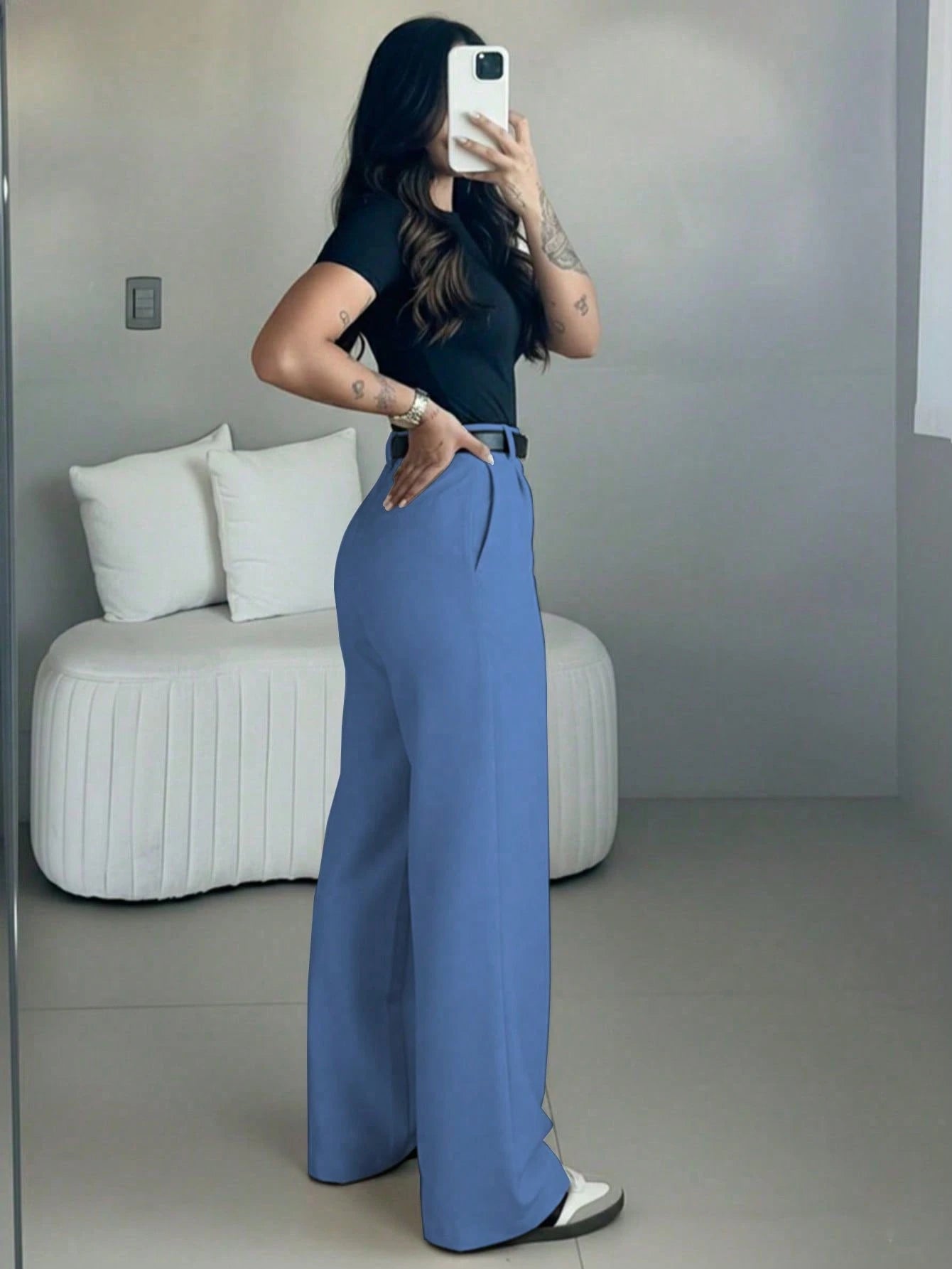 Women's High-Waisted Slim Fit Wide Leg Pants In Ice Blue, Bohemian Street Style, Perfect For Spring/Summer Casual Or Office Wear (Belt Not Included)