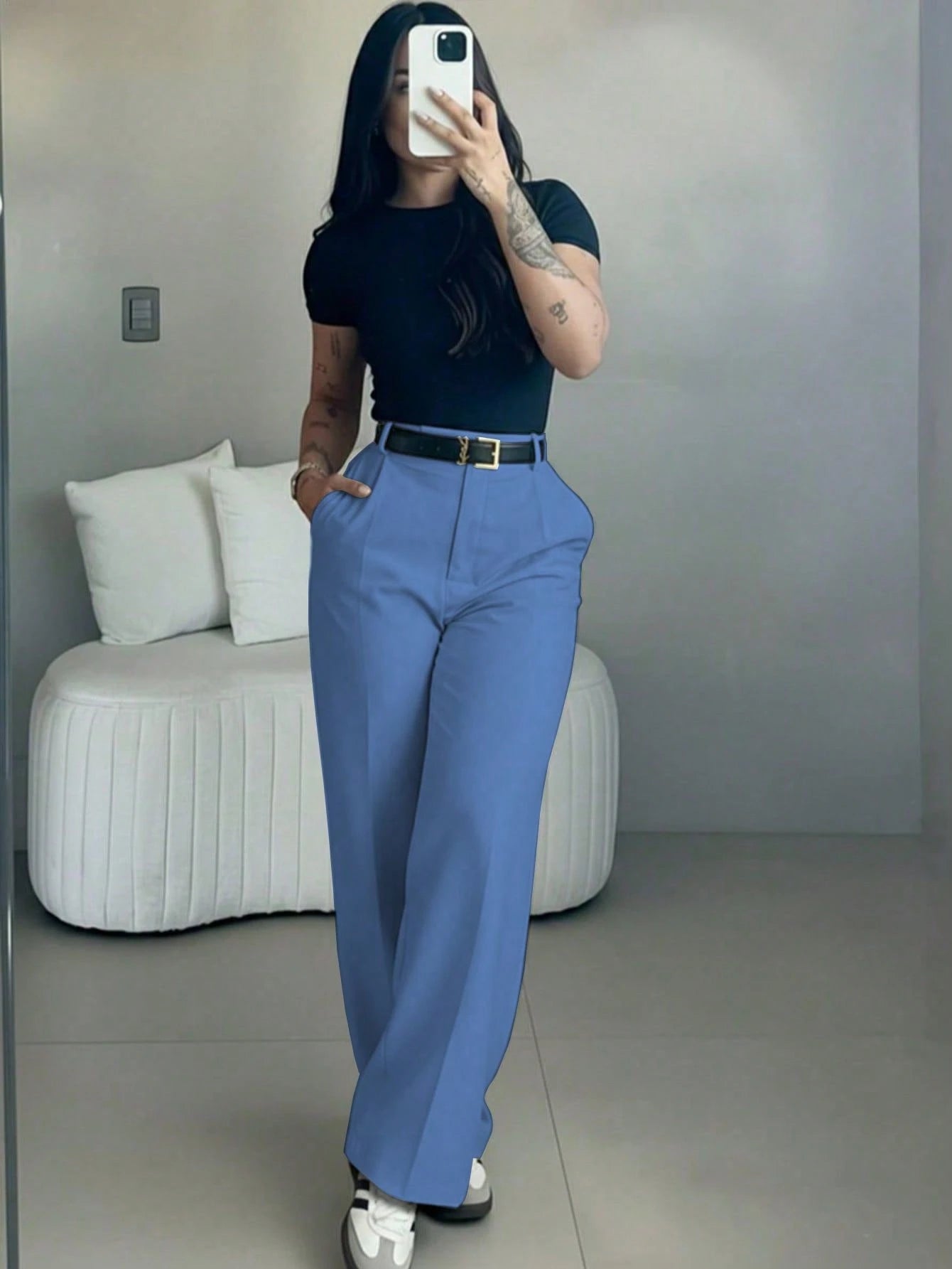 Women's High-Waisted Slim Fit Wide Leg Pants In Ice Blue, Bohemian Street Style, Perfect For Spring/Summer Casual Or Office Wear (Belt Not Included)