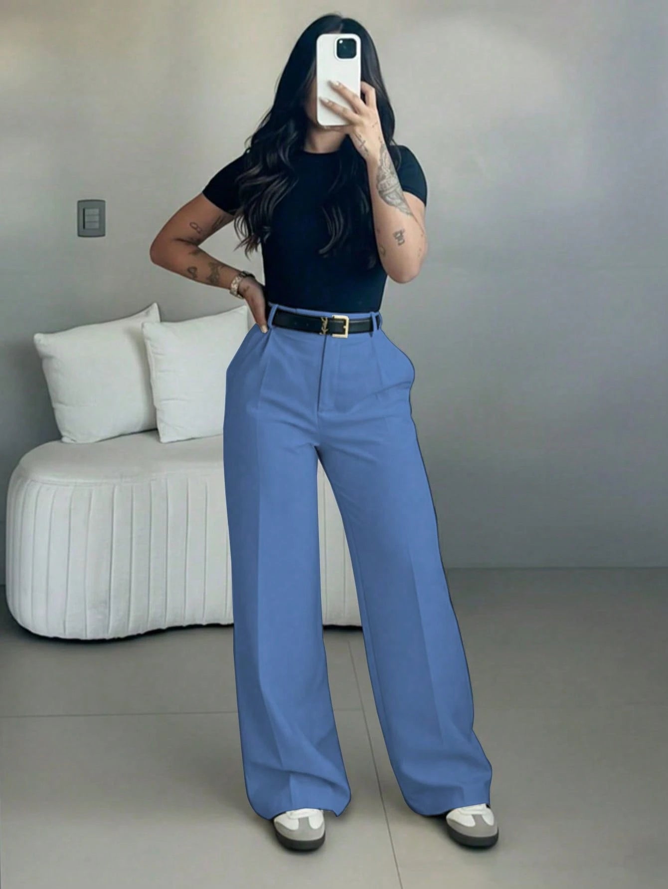 Women's High-Waisted Slim Fit Wide Leg Pants In Ice Blue, Bohemian Street Style, Perfect For Spring/Summer Casual Or Office Wear (Belt Not Included)