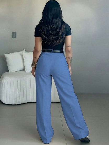 Women's High-Waisted Slim Fit Wide Leg Pants In Ice Blue, Bohemian Street Style, Perfect For Spring/Summer Casual Or Office Wear (Belt Not Included)