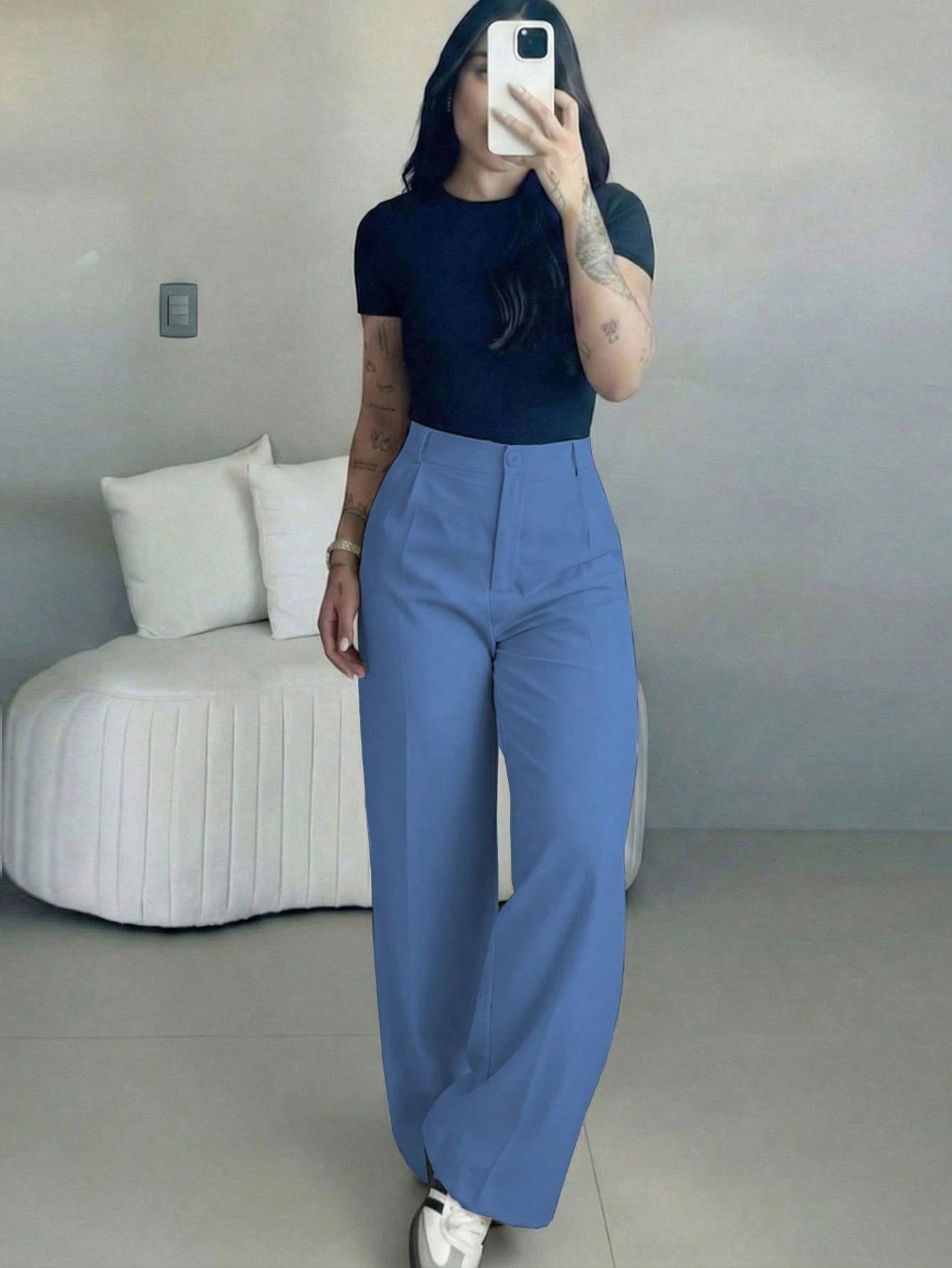 Women's High-Waisted Slim Fit Wide Leg Pants In Ice Blue, Bohemian Street Style, Perfect For Spring/Summer Casual Or Office Wear (Belt Not Included)