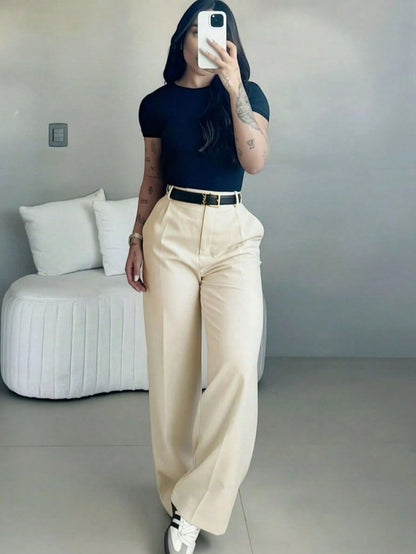 Women's High-Waisted Slim Fit Wide Leg Pants In Ice Blue, Bohemian Street Style, Perfect For Spring/Summer Casual Or Office Wear (Belt Not Included)