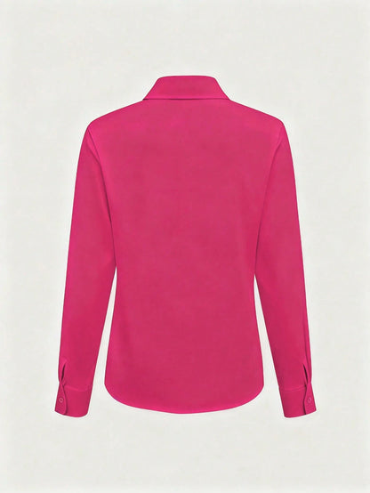 Women's Hot Pink Plain Button-Down Regular Long Sleeve Shirt Collar Blouse Casual Semi-Sheer Top