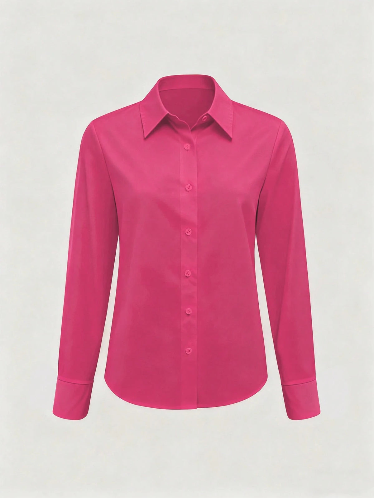 Women's Hot Pink Plain Button-Down Regular Long Sleeve Shirt Collar Blouse Casual Semi-Sheer Top