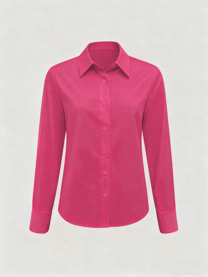 Women's Hot Pink Plain Button-Down Regular Long Sleeve Shirt Collar Blouse Casual Semi-Sheer Top