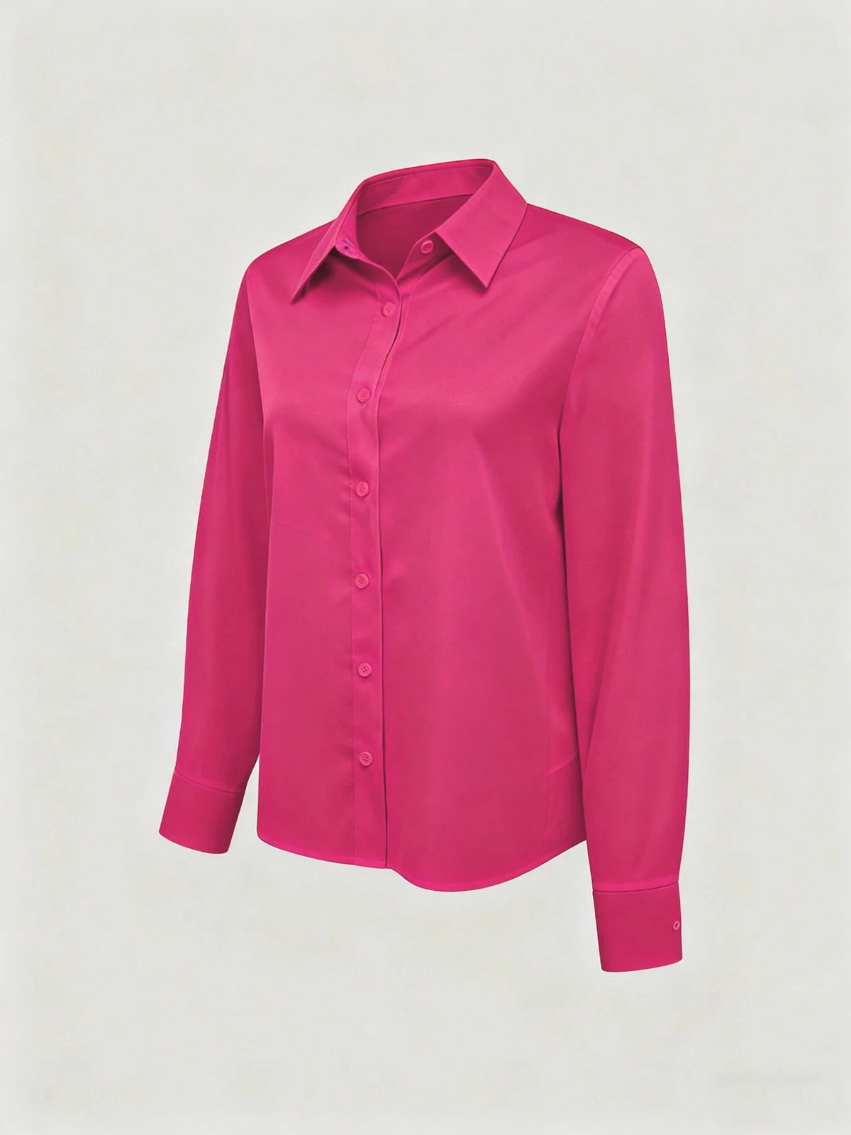 Women's Hot Pink Plain Button-Down Regular Long Sleeve Shirt Collar Blouse Casual Semi-Sheer Top