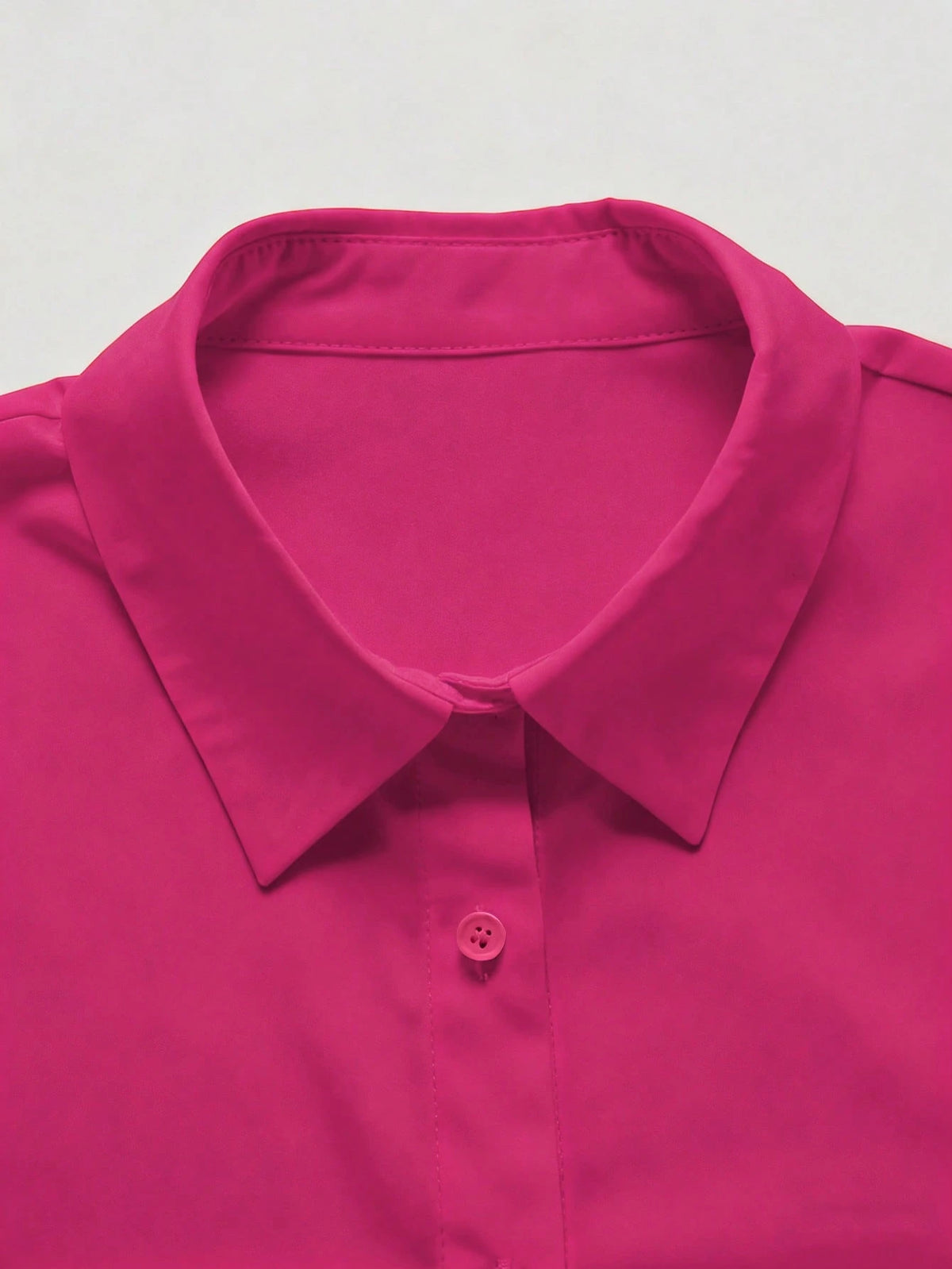 Women's Hot Pink Plain Button-Down Regular Long Sleeve Shirt Collar Blouse Casual Semi-Sheer Top