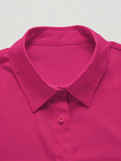Women's Hot Pink Plain Button-Down Regular Long Sleeve Shirt Collar Blouse Casual Semi-Sheer Top