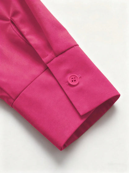 Women's Hot Pink Plain Button-Down Regular Long Sleeve Shirt Collar Blouse Casual Semi-Sheer Top