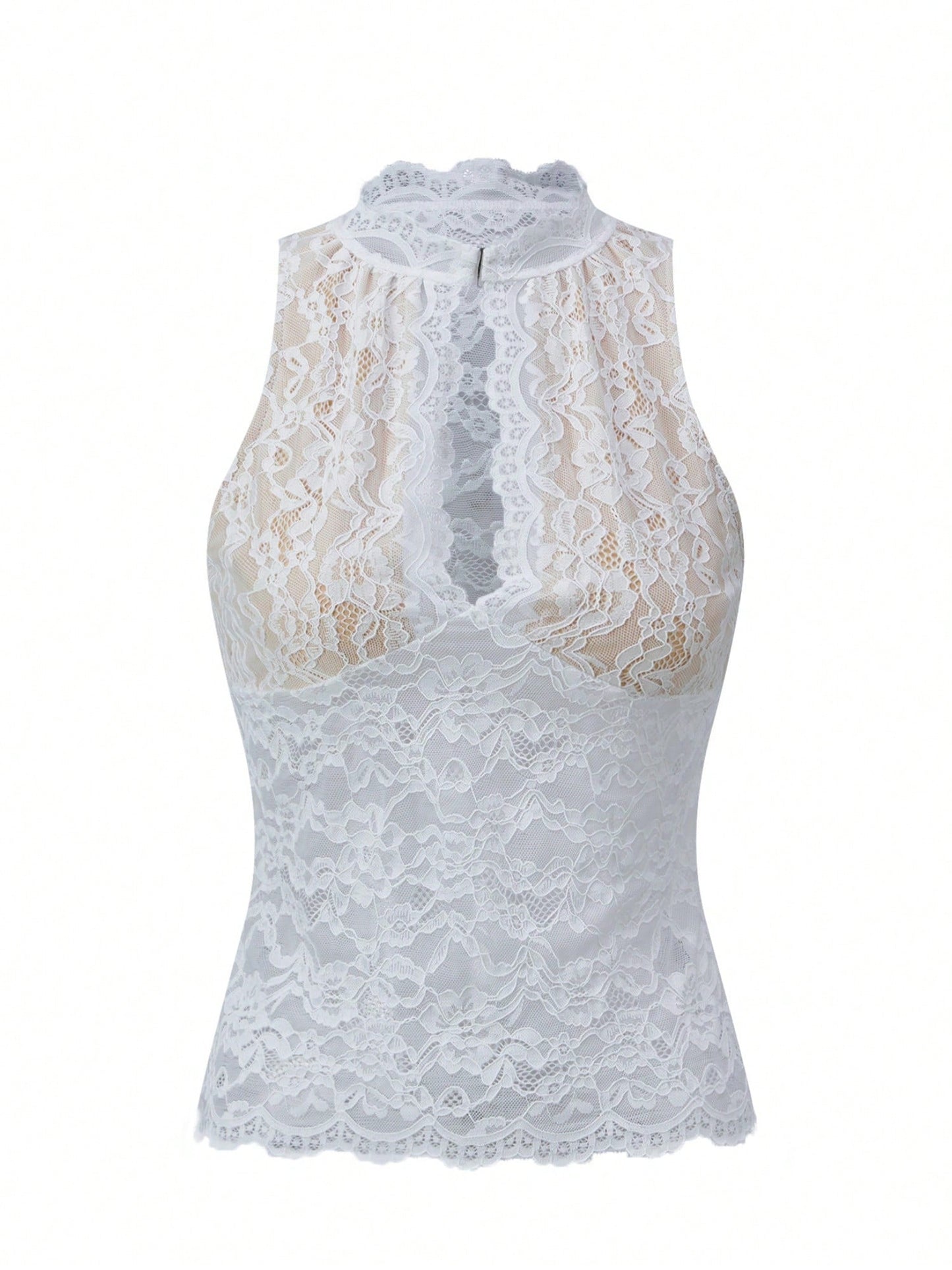 Women's Lace Tank Top Y2K Sheer Lace Slim Fit Blouse Summer Front Keyhole Slim Fit Vest Crew Neck Crop Tops Elegant Lace Cami Tops Going Out Blouse