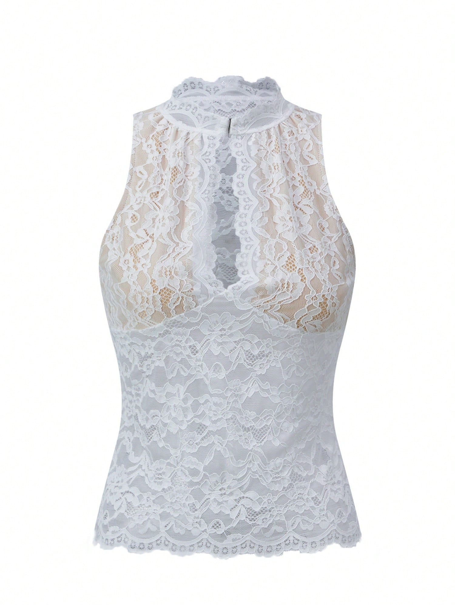 Women's Lace Tank Top Y2K Sheer Lace Slim Fit Blouse Summer Front Keyhole Slim Fit Vest Crew Neck Crop Tops Elegant Lace Cami Tops Going Out Blouse
