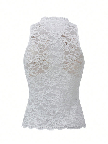 Women's Lace Tank Top Y2K Sheer Lace Slim Fit Blouse Summer Front Keyhole Slim Fit Vest Crew Neck Crop Tops Elegant Lace Cami Tops Going Out Blouse