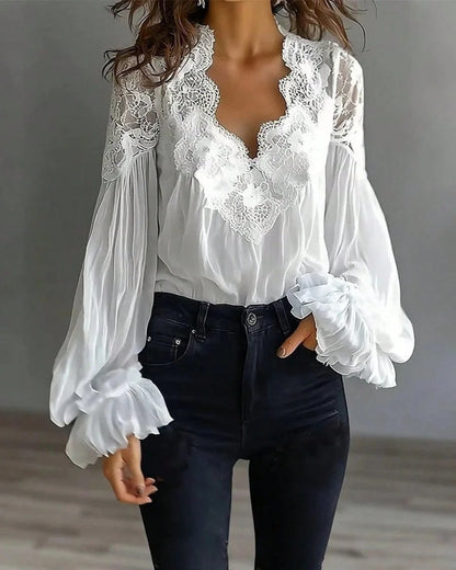 Women's Lace Trim V-Neck Blouse, Sheer Chiffon Lantern Sleeve Ruffle Cuff Top
