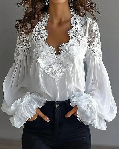 Women's Lace Trim V-Neck Blouse, Sheer Chiffon Lantern Sleeve Ruffle Cuff Top