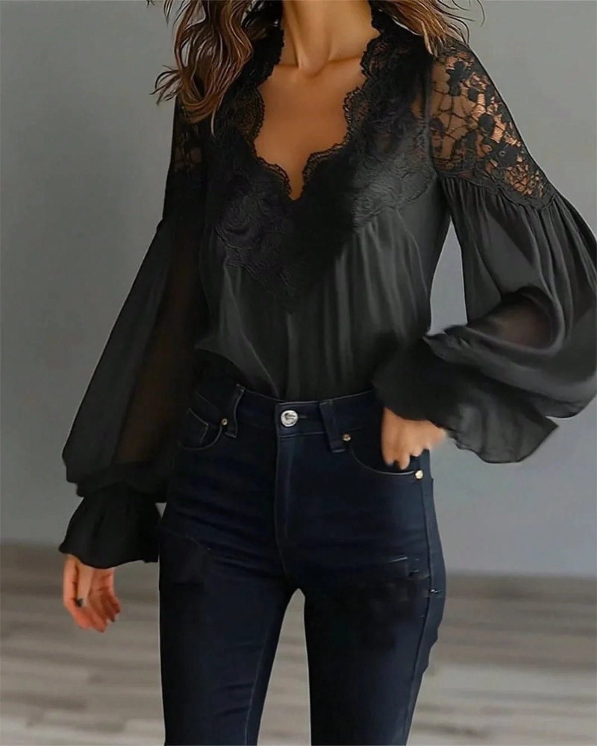 Women's Lace Trim V-Neck Blouse, Sheer Chiffon Lantern Sleeve Ruffle Cuff Top