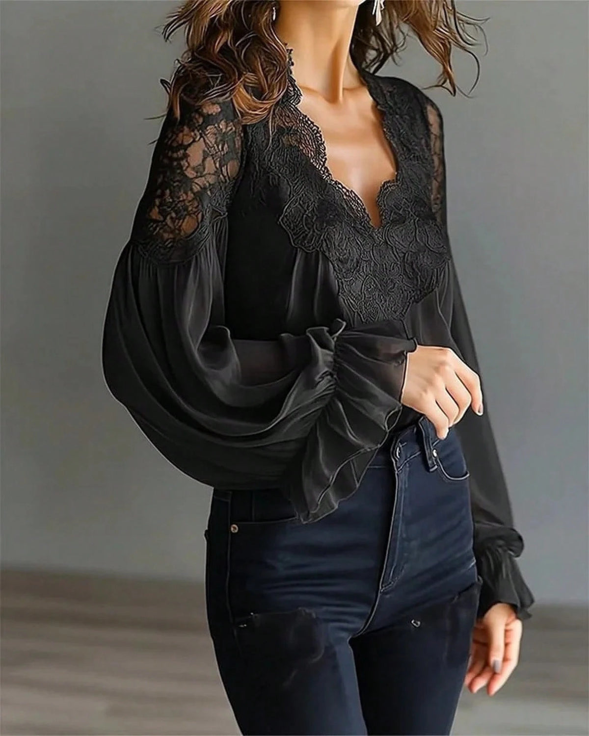 Women's Lace Trim V-Neck Blouse, Sheer Chiffon Lantern Sleeve Ruffle Cuff Top