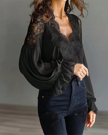 Women's Lace Trim V-Neck Blouse, Sheer Chiffon Lantern Sleeve Ruffle Cuff Top