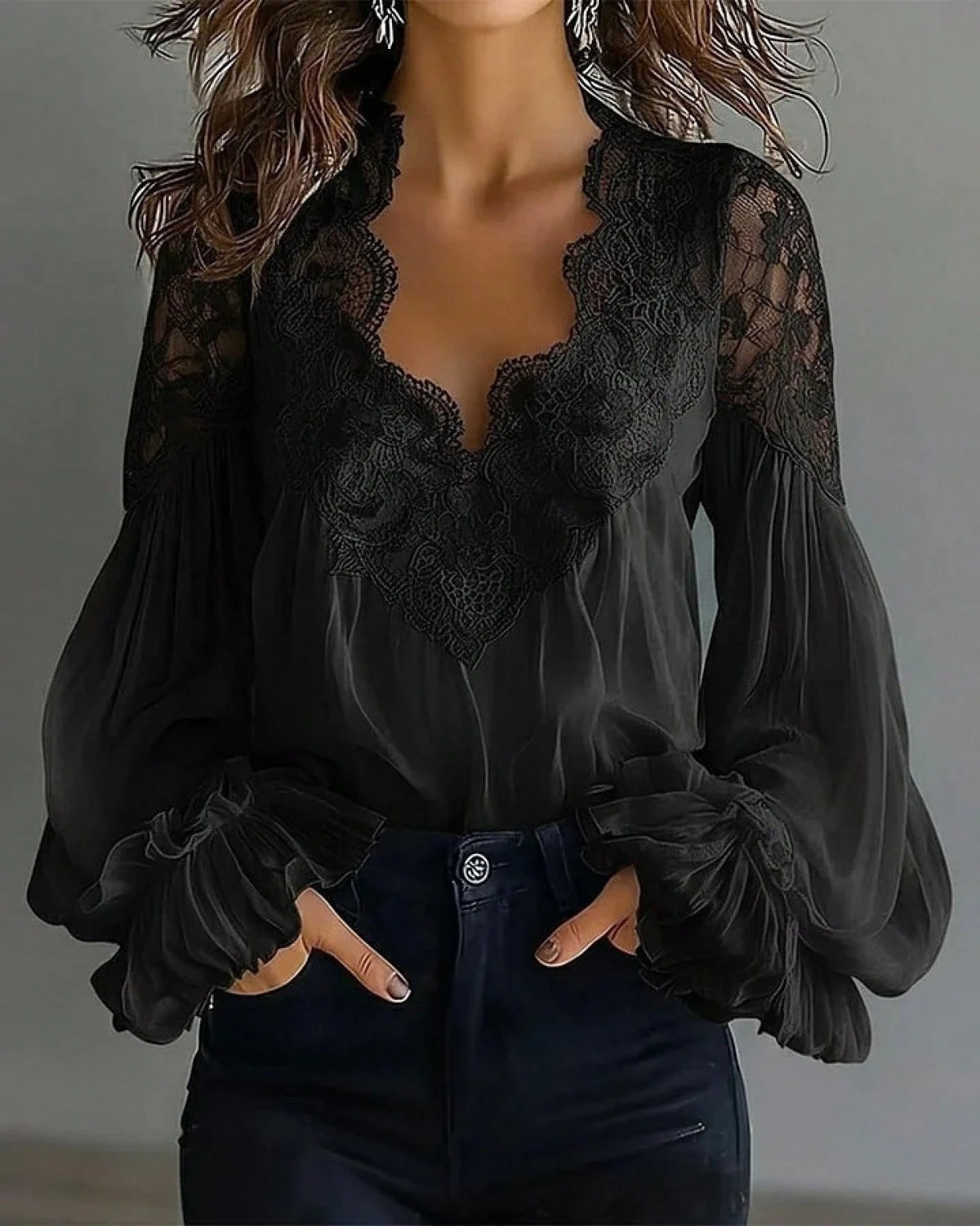 Women's Lace Trim V-Neck Blouse, Sheer Chiffon Lantern Sleeve Ruffle Cuff Top