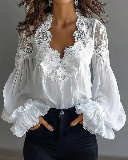 Women's Lace Trim V-Neck Blouse, Sheer Chiffon Lantern Sleeve Ruffle Cuff Top